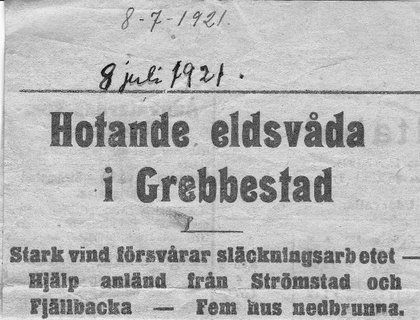 Tidningsrubrik och ingress: Hotande eldsvåda i Grebbestad. 8 juli 1921